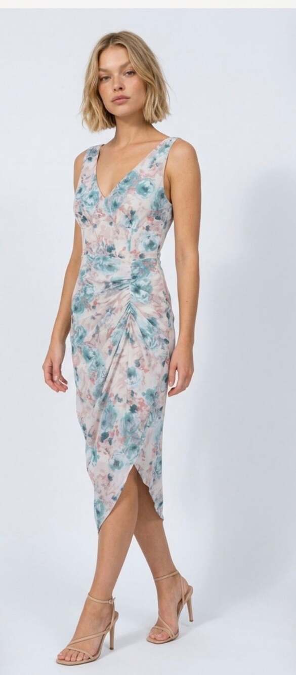SHEIN MOD Floral Print Ruched Split Thigh Midi Dress